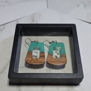Teal and Wood Dangle Earrings